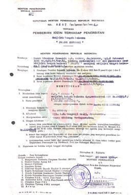 Keputusan Menteri Penerangan Republik Indonesia Nomor : 0207/SK/DPHM/SIT/1966 tentang pemberian i...