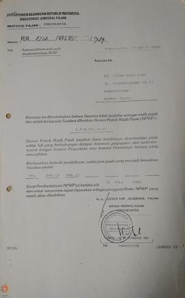Surat dari Departemen Keuangan Republik Indonesia Kepala Inspeksi Pajak Yogyakarta kepada PT Citr...