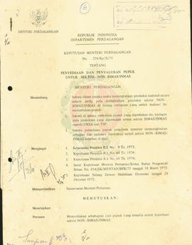 Keputusan Menteri Perdagangan No. 258/KP/X/75 Tahun 1975 tentang Penyediaan dan penyaluran pupuk ...