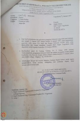 Surat dari Kepala Bidang Bina Frekuensi Radio yang bertindak atas nama Kepala Kantor Wilayah Depa...