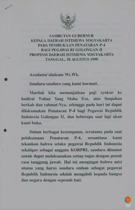 Sambutan Gubernur Kepala Daerah Istimewa Yogyakarta pada pembukaan Penataran P4 bagi Pegawai RI G...