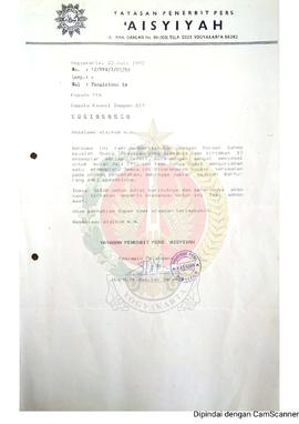 Surat dari Pemimpin Pelaksana Yayasan Penerbitan Aisyiyah kepada Kepala Kantor Wilayah Departemen...