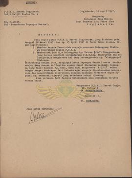 P.O.R.I DIY kepada Pakualam VIII tanggal 18 April 1947 tentang permohonan pengurusan lapangan  Se...