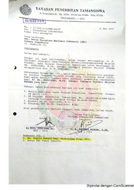 Surat dari Yayasan Penerbitan Tamansiswa kepada Ketua  Persatuan Wartawan Indonesia (PWI) Cabang ...