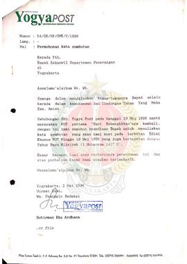 Surat dari Wakil Pimpinan Redaksi Yogya Post kepada Kepala Kantor Wilayah Departemen Penerangan P...