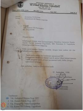 Surat dari Kepala Bidang Pemberitaan yang bertindak atas nama Kepala Radio Republik Indonesia (RR...