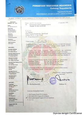 Surat dari PWI (Persatuan Wartawan Indonesia) Cabang Yogyakarta kepada Kepala Kantor Wilayah Depa...