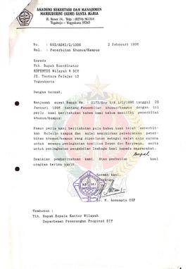 Surat dari Direktur Akademi Sekretari dan Manajemen Marsudirini (ASMI) Santa Maria kepada Koordin...