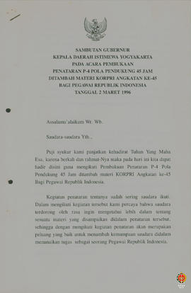 Teks sambutan Gubernur Kepala DIY pada acara Pembukaan Penataran P4 Pola Pendukung 45 Jam ditamba...