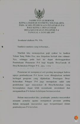 Teks sambutan Gubernur Kepala DIY pada acara Pembukaan Penataran P4 bagi Kepala Desa/Lurah Desa P...