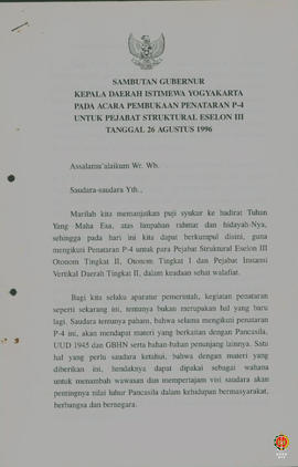Teks Sambutan Gubernur Kepala DIY pada acara pembukaan Penataran P4 untuk pejabat structural esel...