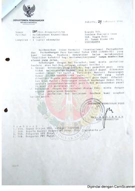 Surat dari Direktur Pembinaan Pers Departemen Penerangan Republik Indonesia kepada Pemimpin Umum ...