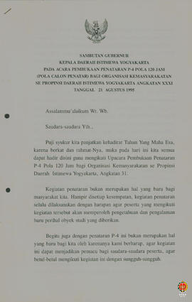 Teks sambuta Gubernur Kepala Daerah Istimewa Yogyakarta pada acara pembukaan penataran P4 pola 12...