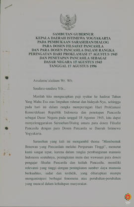 Teks Sambutan Gubernur Kepala Daerah DIY pada Pembukaan Sarasehan/Dialog para dosen filsafat Panc...
