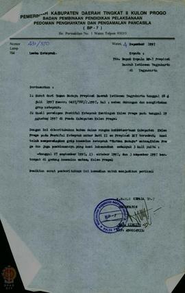 Surat dari BP-7 Kabupaten Dati II Kulonprogo mengenai pemberitahuan keikutsertaan Kabupaten Kulon...