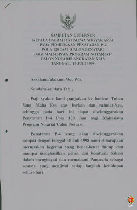 Teks sambutan Gubernur  Kepala Daerah Istimewa Yogyakarta pada pembukaan penataraan P4 pola 120 j...