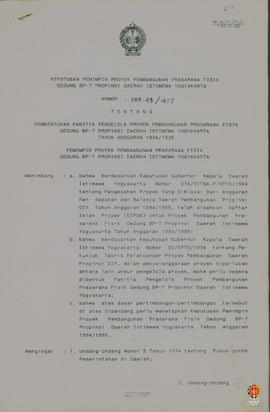 Surat keputusan Pimpro tentang Pembentukan Panitia Pengelola Proyek Pembangunan Prasarana Fisik G...