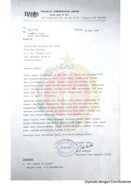Surat dari Pimpinan Majalah Basis kepada Direktorat Jenderal Pembinaan Pers dan Grafika Jakarta P...