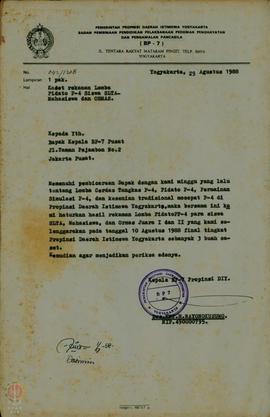 Surat dari BP-7 Propinsi DIY tertanggal 29 Agustus 1988 tentang penyerahan kaset hasil rekaman lo...