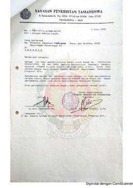 Surat dari Panitera Yayasan Penerbitan Tamansiswa kepada Direktur Jenderal  Pembinaan Pers dan Gr...