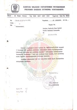 Surat dari Kepala Kantor Wilayah Departemen Peerangan Daerah Istimewa Yogyakarta kepada Pemimpin ...