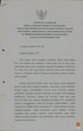 Teks sambutan Gubernur Kepala Daerah Istimewa Yogyakarta pada acara pembukaan penataran P4 Pola 1...