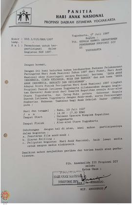 Surat dari Panitia Hari Anak Nasional Provinsi Daerah Istimewa Yogyakarta kepada Kepala Kantor Wi...