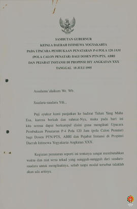 Teks sambutan Gubernur Kepala DIY pada upacara pembukaan penataran P4 Pola 120 jam (pola calon pe...