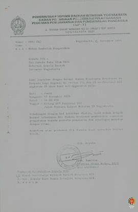Surat dari Kepala BP7 kepada Sri Paduka Paku Alam VIII Gubernur Kepala Daerah Daerah Istimewa Yog...