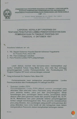 Laporan Kepala BP7 Provinsi DIY tentang penutupan lomba permasyarakatan dan pembudayaan P4 Tingka...