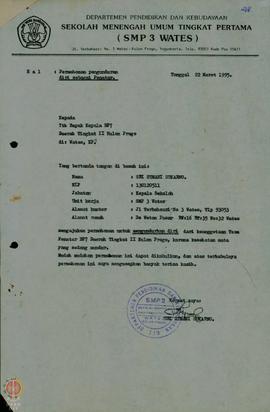 Surat dari SMA 3 Wates untuk kepala BP-7 Kabupaten Dati II Kulon Progo tanggal 22 maret tentang P...