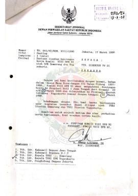 Surat dari Sekretariat Jenderal Dewan Perwakilan Rakyat (DPR) Republik Indonesia Kepada Direktur ...
