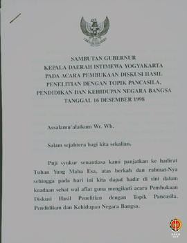 Teks Sambutan Gubernur Kepala Daerah DIY pada acara pembukaan diskusi hasil penelitian dengan top...