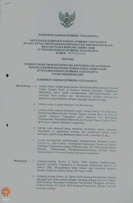 Surat Keputusan Gubernur Daerah Istimewa Yogyakarta selaku ketua Tim Pelaksana Rehabilitasi dan R...