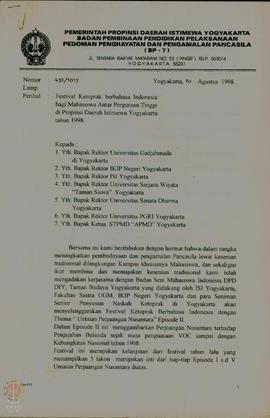 Surat dari BP-7 Propinsi DIY tertanggal 10 Agustus 1998, mengenai Festival Ketoprak berbahasa Ind...