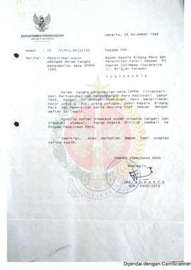 Surat dari Proyek Pembinaan Pers Departemen Penerangan Jakarta kepada Kepala Bidang Pers dan Pene...