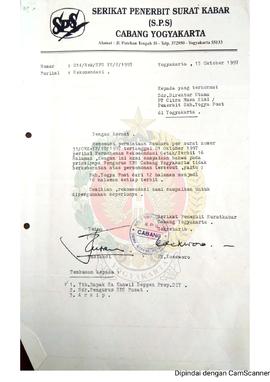 Surat dari Serikat Penerbit Surat Kabar Cabang Yogyakarta kepada Direktur PT. Citra Masa Kini/Pen...
