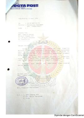 Surat dari Wakil Pimpinan Surat Kabar Harian Yogya Post kepada Kepala Kantor Departemen Penaranga...