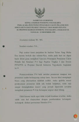 Teks Sambutan Gubernur Kepala DIY pada acara Penutupan Penataran Calon Pelatih Inti Simulasi P4 b...