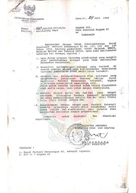 Surat dari Direktur Jenderal Pembinaan Pers dan Grafika kepada Kepala Kantor Wilayah Departemen P...