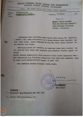 Surat dari Ketua Badan Pembina Radio Siaran Non Pemerintah Provinsi Daerah Istimewa Yogyakarta ke...
