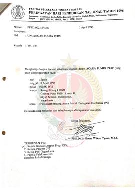 Surat dari Panitia Pelaksanaan Peringatan Hari Pendidikan Nasional tahun 1996 kepada Kepala Kanto...