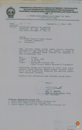 Surat Permohonan Kepala BP 7 ditujukan kepada Bapak Gubernur Kepala DIY perihal permohonan sambut...