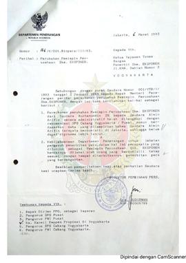 Surat dari Direktur Pembinaan Pers Departemen Peneranga Republik Indonesia Kepada Ketua Yayasan T...