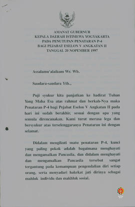 Teks amanat Gubernur DIY pada penutupan penataran P4 bagi pejabat eselon V angkatan II.