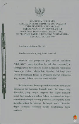 Teks Sambutan Gubernur Kepala DIY pada acara Penutupan Penataran Calon Pelatih Inti Simulasi P4 b...