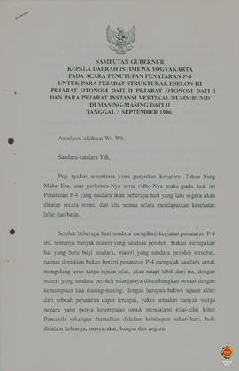Teks Sambutan Gubernur Kepala Daerah Istimewa Yogyakarta pada acara penutupan Penataran P4 untuk ...