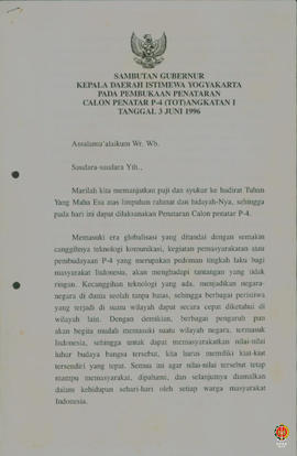 Teks sambutan Gubernur Kepala Daerah Istimewa Yogyakarta pada pembukaan penataran calon penatar P...