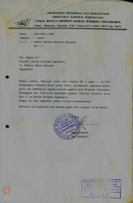 Surat dari Taman Budaya Yogyakarta Propinsi DIY Nomor 0641/ TBY/J/1997 tentang Jadwal Latihan Fes...