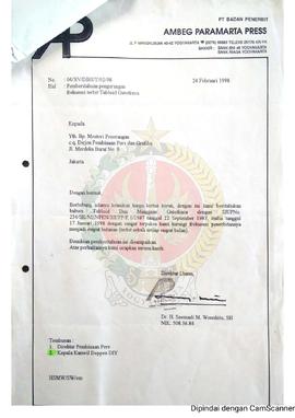 Surat dari Direktur Utama PT. Badan Penerbit Ambeg Paramarta Perss kepada Bpk. Menteri Penneranga...